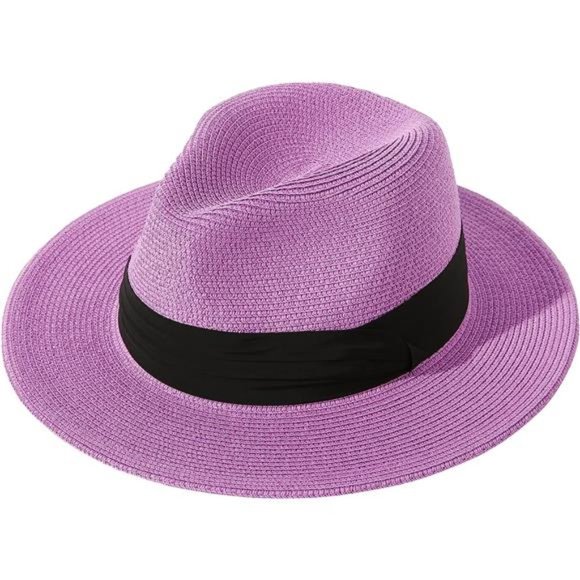 Women Wide Brim Straw Panama Roll up Hat Purple